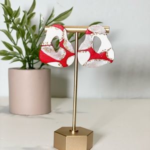 Handmade Red and White Abstract Cut-out Pear Shaped Marble Stud Earrings
